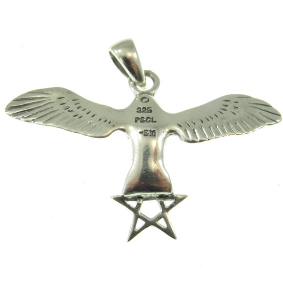 Handcrafted Solid 925 Sterling Silver Flying Owl With The Pentagram Star Pendant - Picture 5 of 5